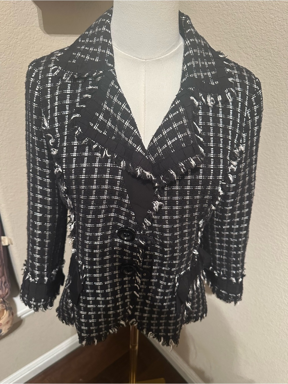 White House Black Market Black and White Tweed Fringed Blazer size 4